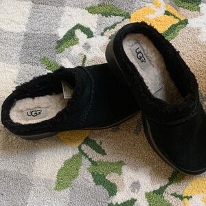 UGG Black Suede Shearling Slip-On Clogs